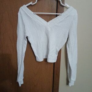 SHEIN White V-Neck Cable Knit Blouse